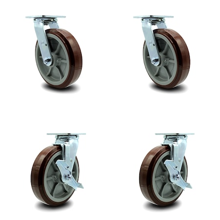 8 Inch Polyurethane Swivel Caster Set With Ball Bearings 2 Brakes